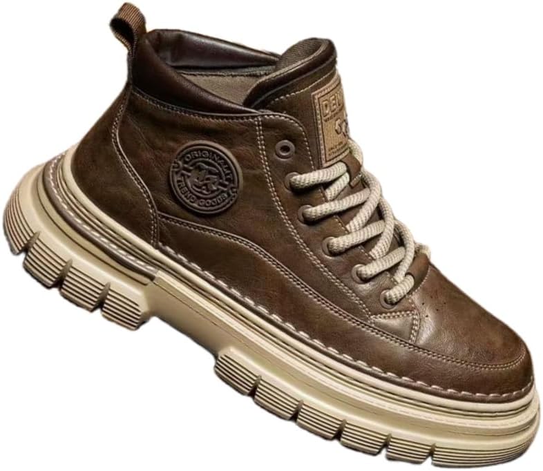 

Мужские повседневные противоскользящие ботинки для туризма и ходьбы - высокие до середины голени ботинки на шнуровке с мягкой подошвой Fmshi, кофейный