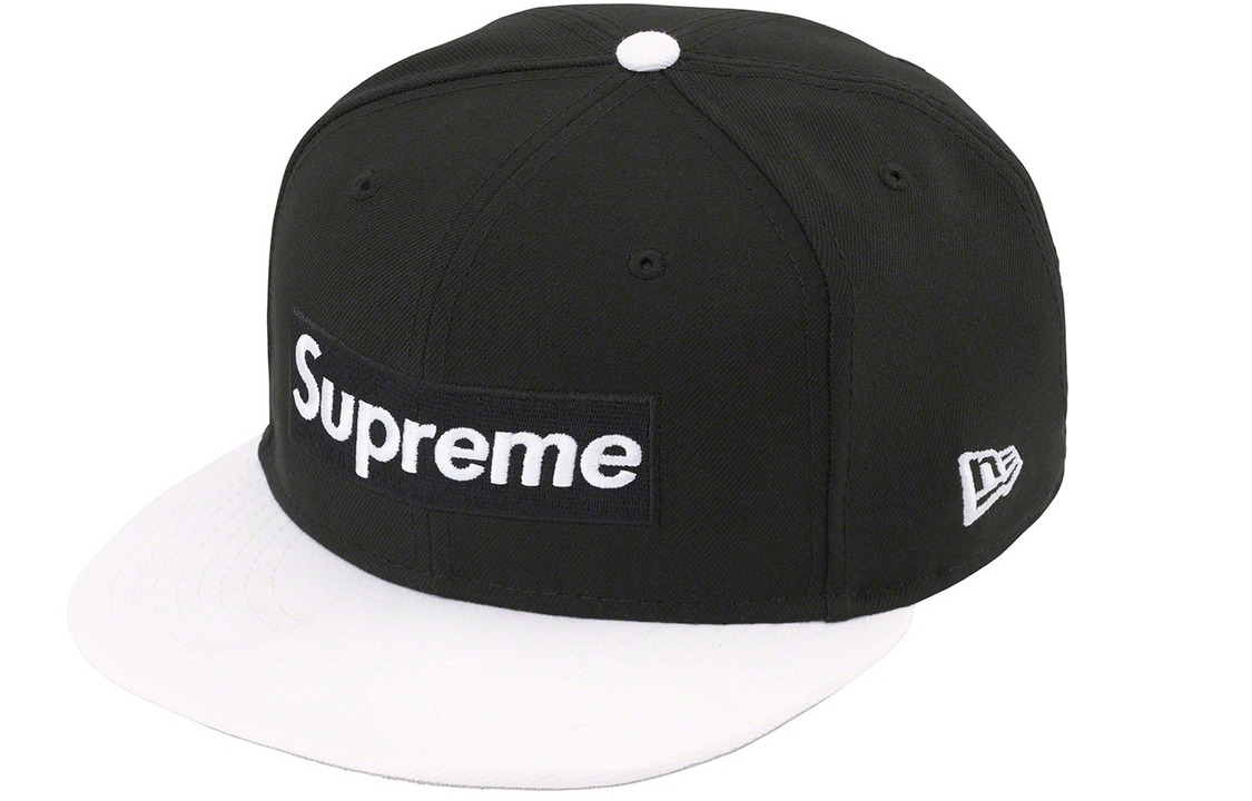 

Двухцветный логотип на коробке New Era Supreme, морской синий