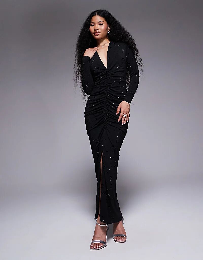 

Платье макси с глубоким вырезом и длинными рукавами TFNC Petite, черное