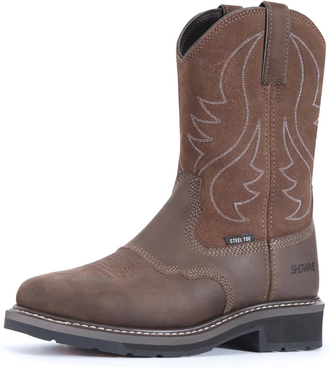 

Мужские ковбойские ботинки Showave с металлическим носком, западный стиль с квадратным носком, ботинки из цельнозерновой кожи с защитой от опасностей для строительства, производства и сельского хозяйства, темно-коричневый