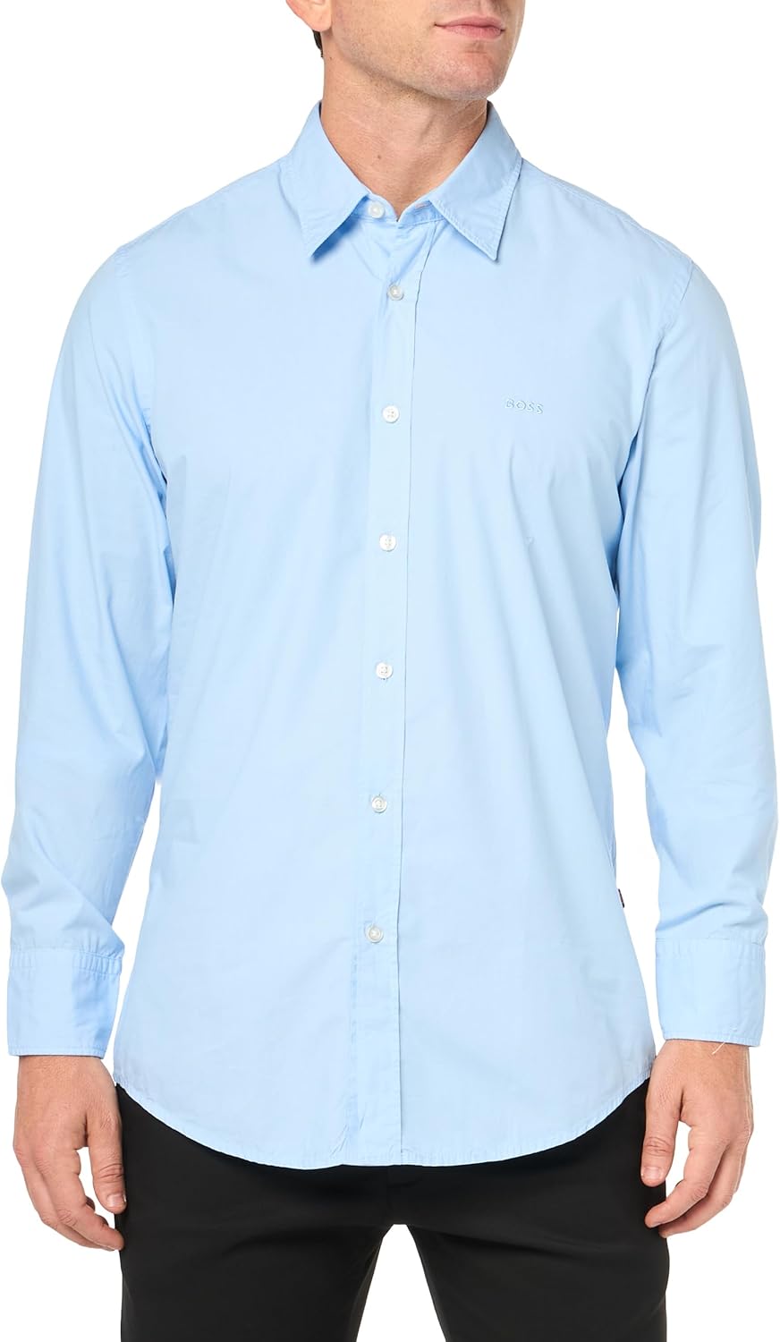 

BOSS мужская однотонная хлопковая рубашка с пуговицами, окрашенная в изделии, Chambray Blue