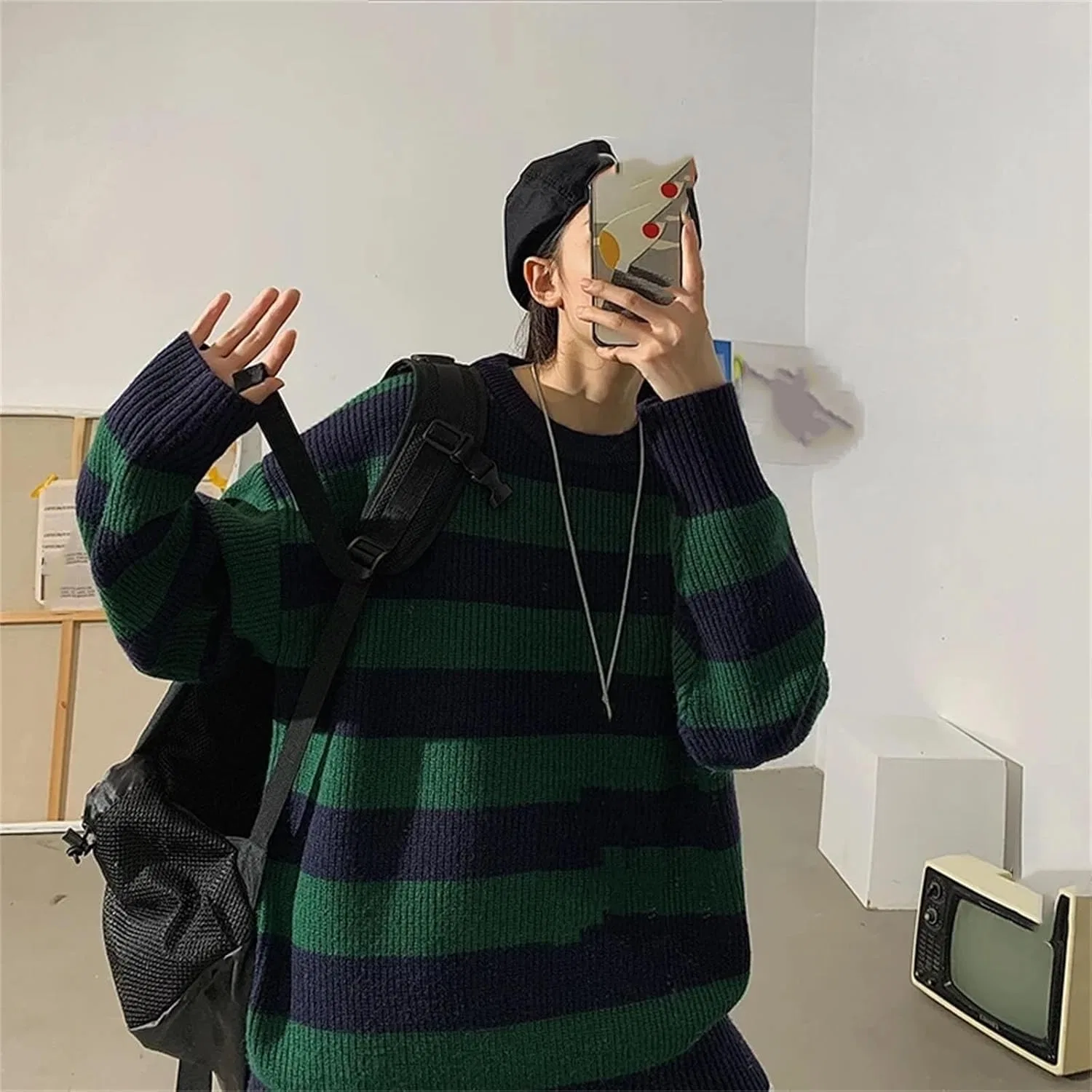 Generic Мужской полосатый вязаный свитер Vintage Loose Green теплый джемпер пуловер Casual — фото 3