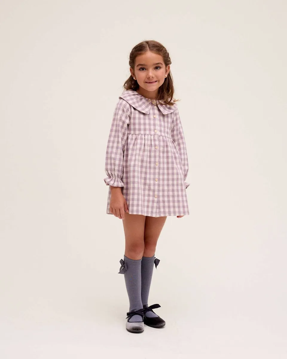 

Платье для девочки в клетку с оборкой на воротнике Dadati, сиреневый/белый