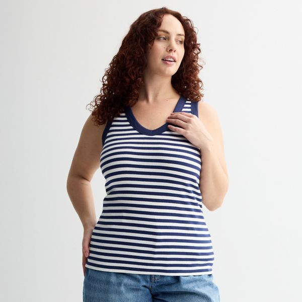 

Женская плюс сайз майка с v-образным вырезом и резинкой Sonoma Goods For Life, цвет white navy stripe