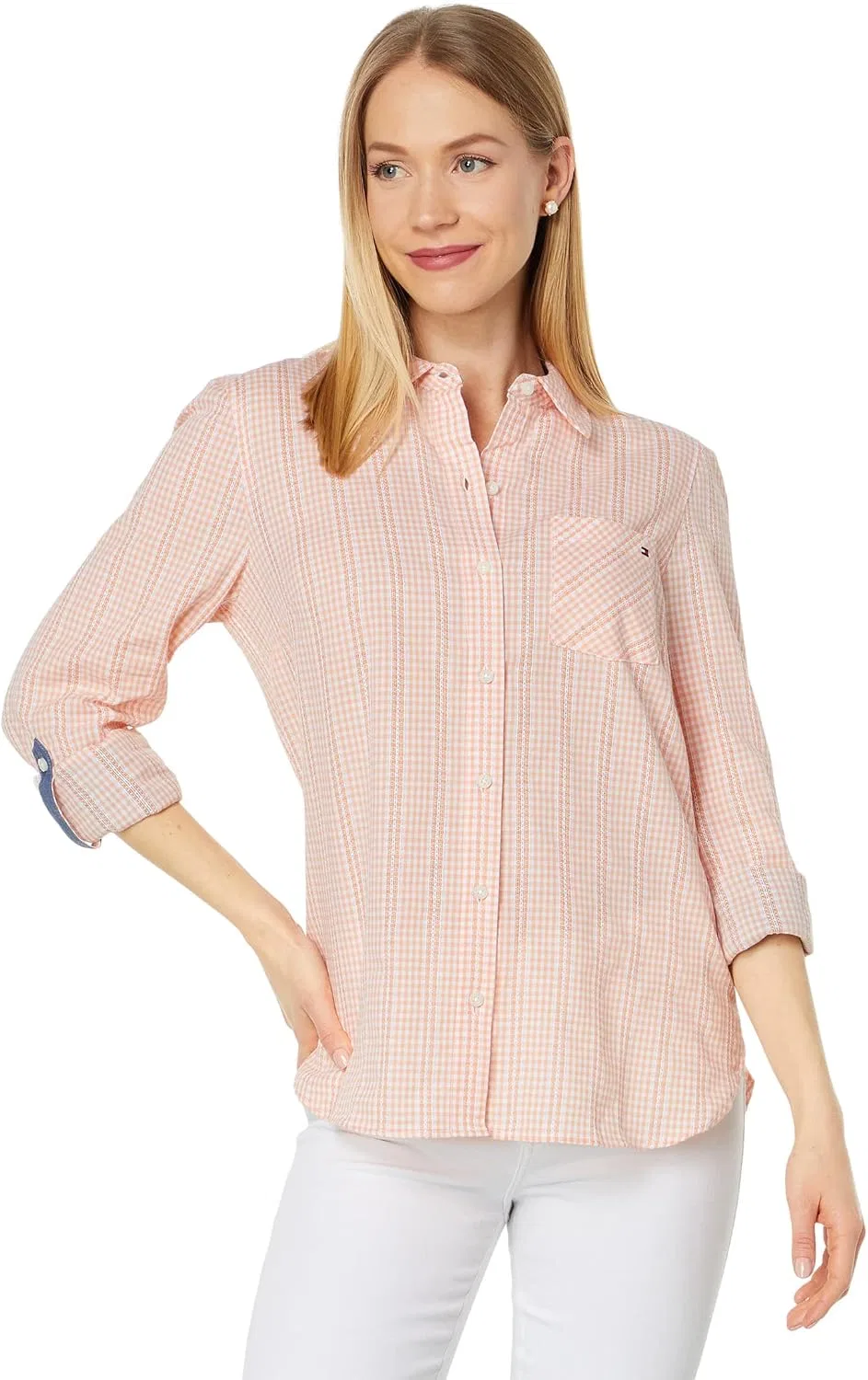 Блуза, рубашка Roll Tab Gingham, Tommy Hilfiger, темно-синий, коралловый, белый