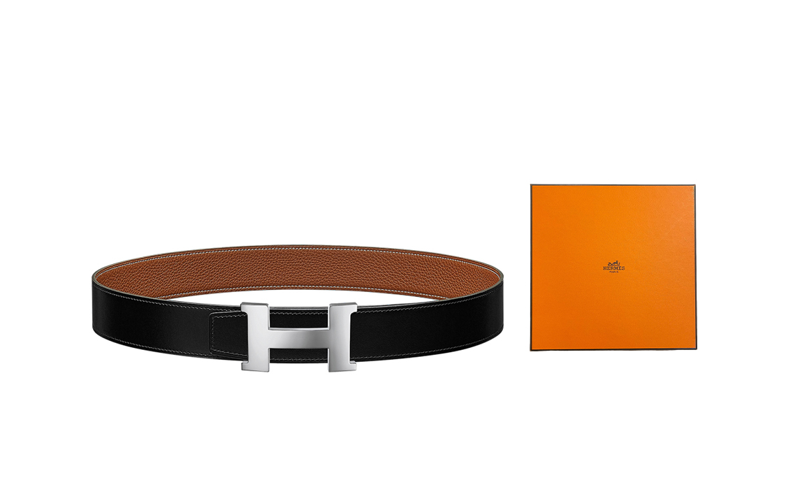 HERMES Мужской кожаный ремень из коровьей кожи шириной 3,8 см, Black/Brown Box — фото 3