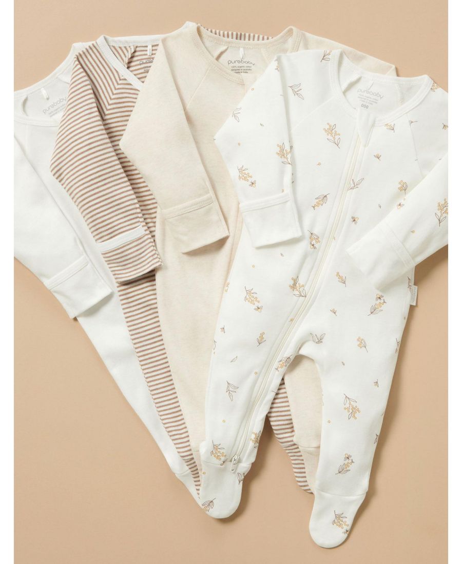 Комплект из 4 детских комбинезонов на молнии для девочек и мальчиков Purebaby, Vanilla wattle bee — фото 2