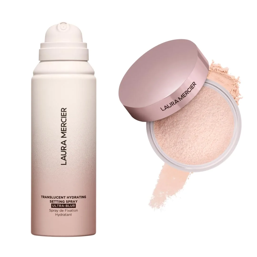 Laura Mercier Translucent Loose Setting Powder в оттенке Tone-Up Rose и Hydrating Setting Spray Ultra-Blur, 24-часовой контроль сияния, с гиалуроновой кислотой, набор, white