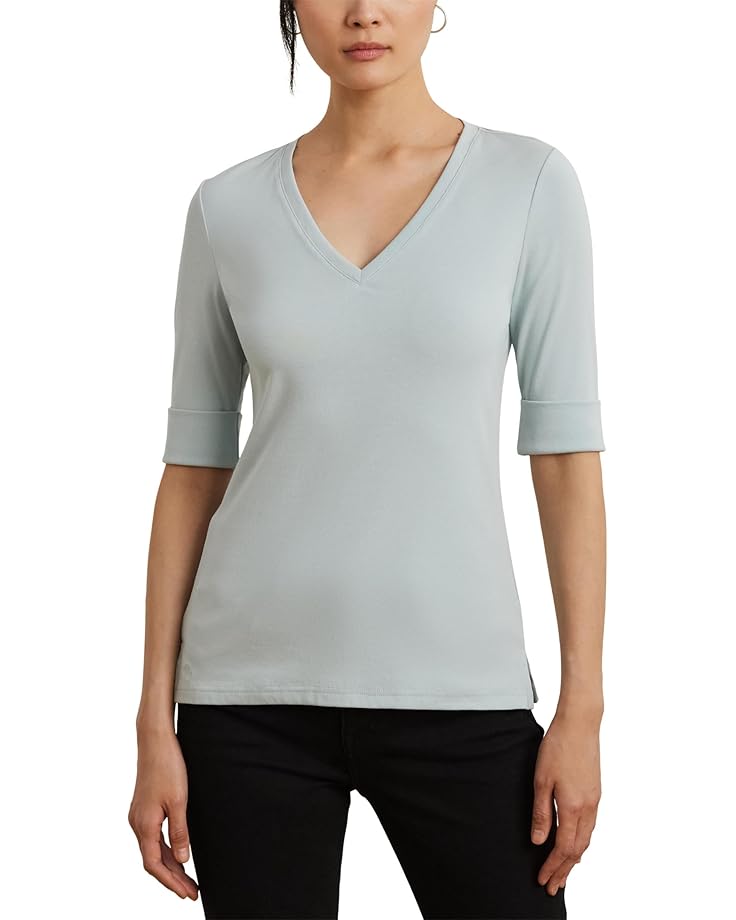 

Футболка Lauren Ralph Lauren Petite Stretch Cotton Elbow-Sleeve V-Neck Tee, цвет Aqua Pearl