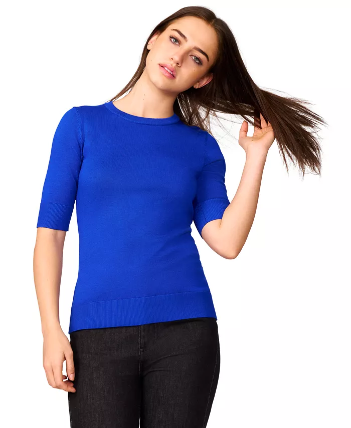 

Укороченный тонкий свитер с круглым вырезом и рукавом 3/4 Melissa Paige, синий