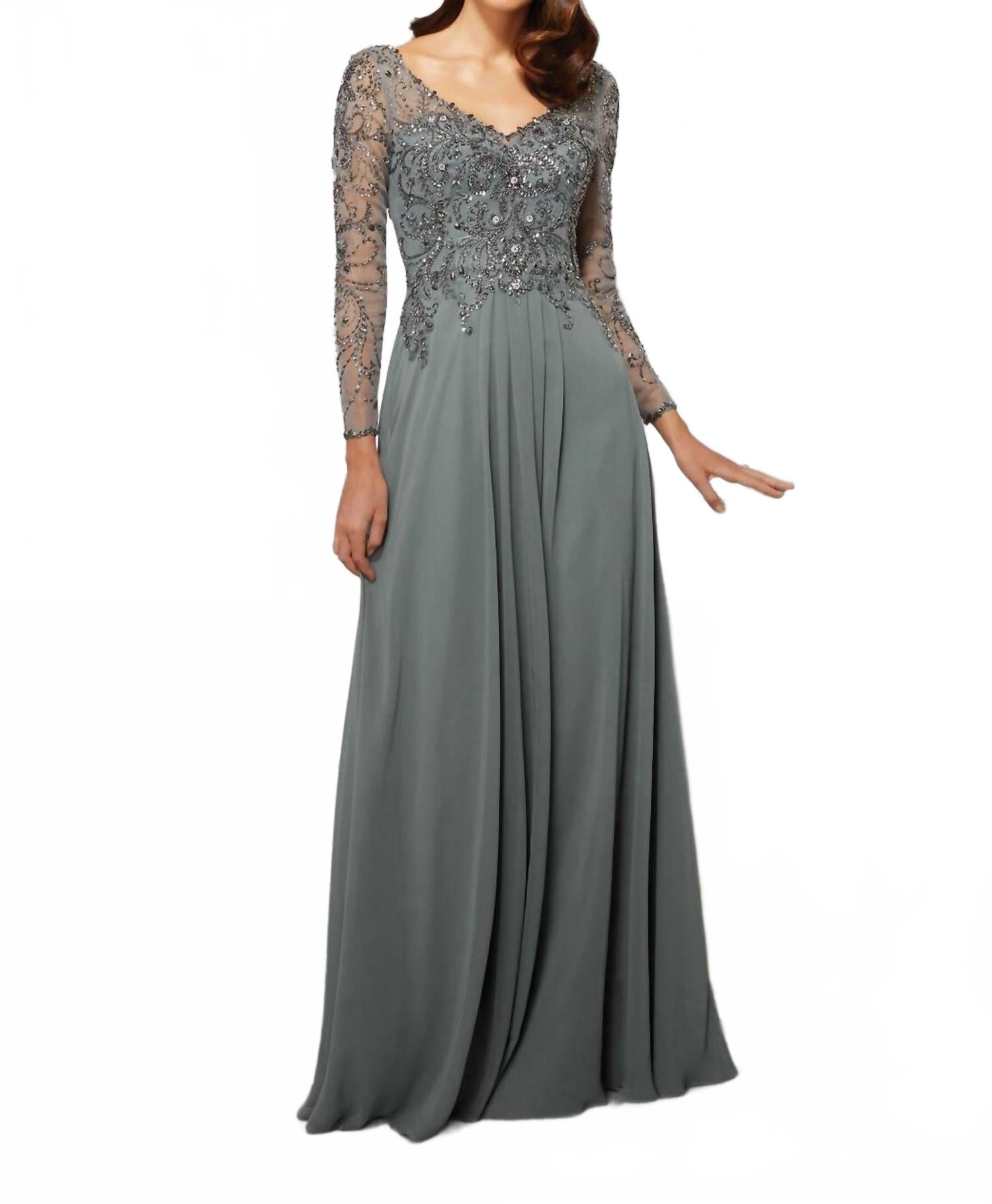 

Платье с бисерным корсажем и прозрачными рукавами в серебристо-шалфейном цвете MGNY