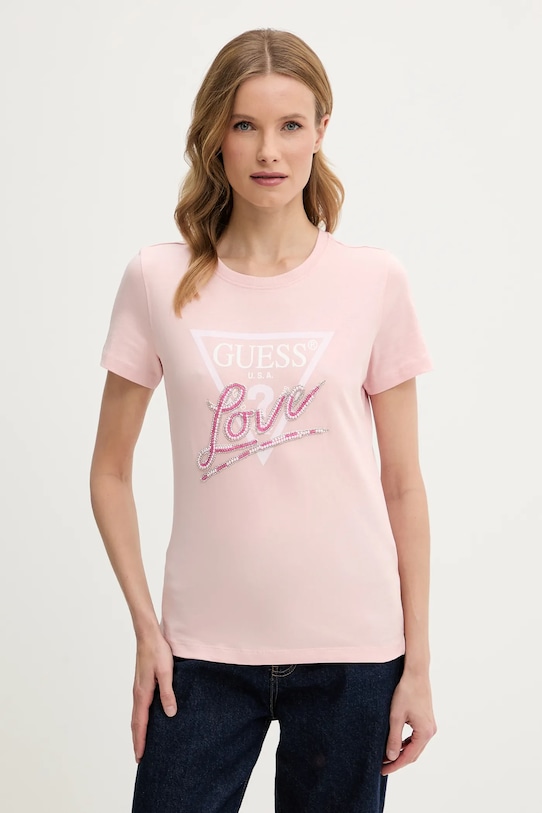 

Хлопковая футболка Guess, розовый