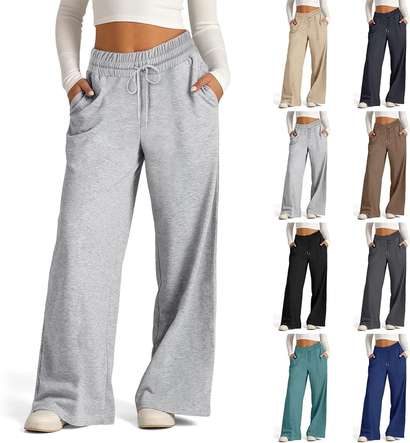 Брюки женские широкие с завязкой, 95% полиэстер 5% спандекс, светло-серый
