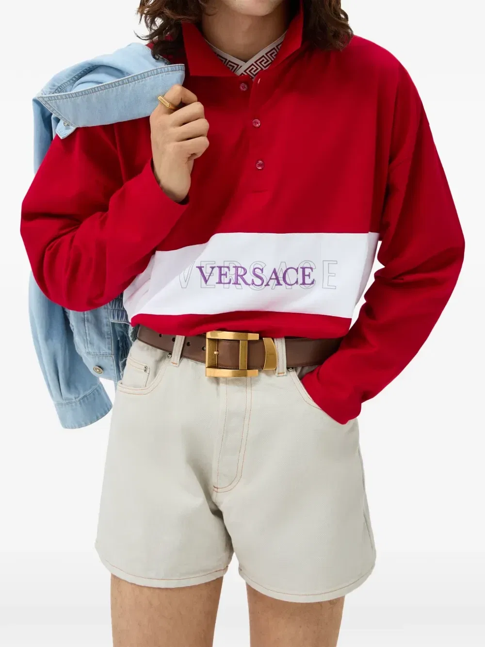Футболка-поло из хлопкового джерси с вышитым логотипом и интарсией Versace, красный — фото 2