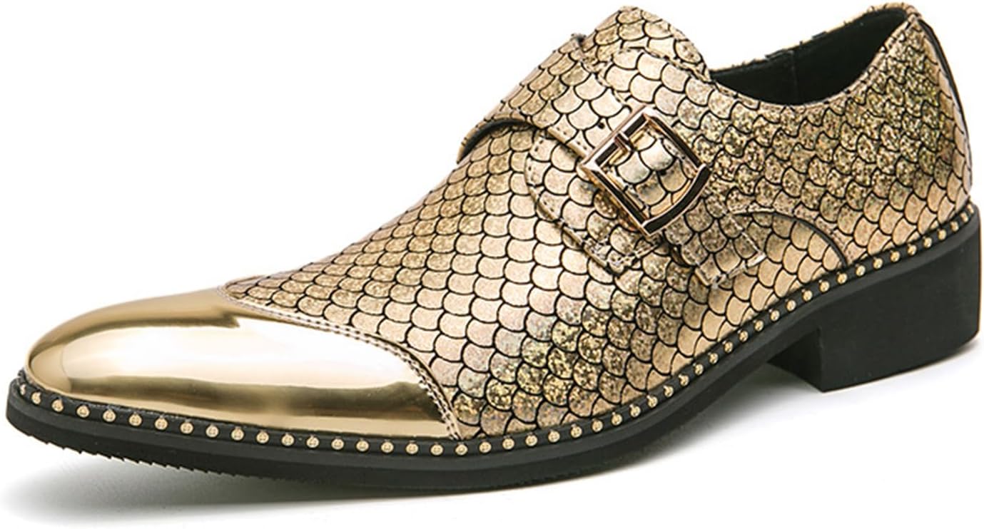 

Мужские лоферы с глянцевой кожей и принтом, грубый каблук, для вечеринок, с пряжкой-монахом, модный носок, заостренный носок, низкий каблук, без шнуровки, классические оксфорды для работы и официальных мероприятий Uzujbaa, золотой