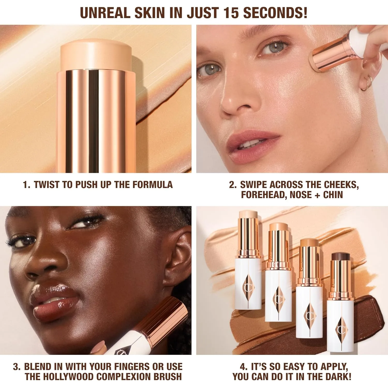 Charlotte Tilbury Unreal Skin Tint & Sheer Glow Hydrating Foundation Stick - кремовая тональная основа с легким покрытием и увлажняющим эффектом, 07.5 Medium - Medium with neutral undertones — фото 4