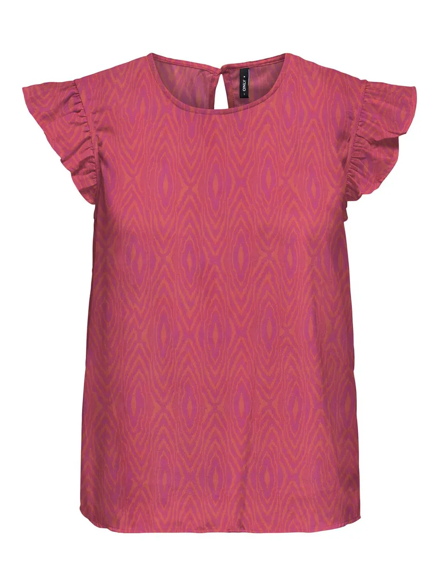 

Блузка-рубашка ONLY "ONLANN STAR S/L FRILL TOP NOOS PTM", цвет Fuchsia Purple Aop:E X Otica Graphic