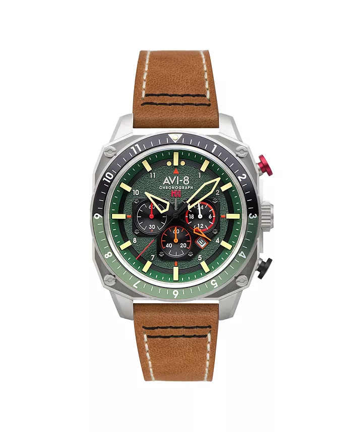 

Мужские часы Hawker Hunter Atlas Dual-Time Chronograph с коричневым кожаным ремешком, 43 мм AVI-8
