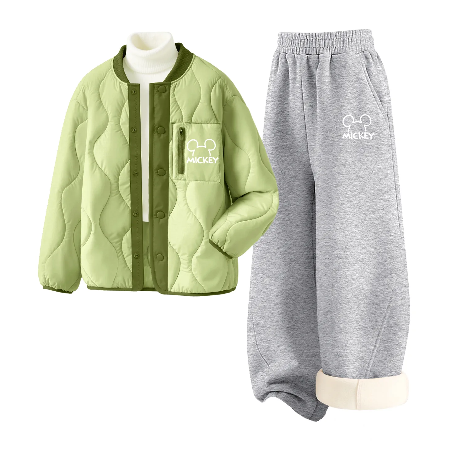 Детская повседневная спортивная футболка с круглым вырезом Disney, [Thickened and Fleece-Lined]Thick Board Di Line K Matcha Green+Di Line K Heather Gray