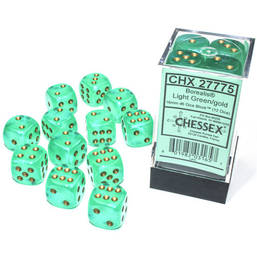 

Аксессуары Chessex Chessex 16mm d6 Set: Borealis Luminary Light Green/Gold (12)