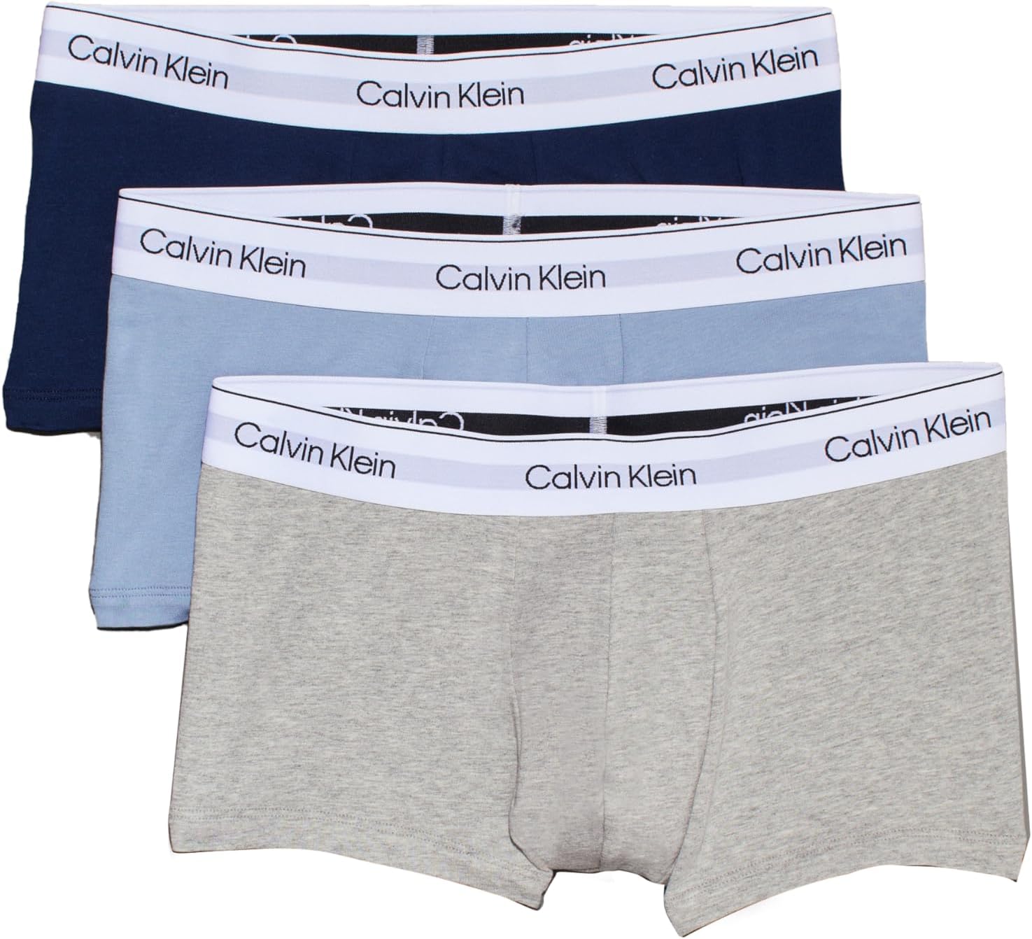 

Комплект из 3 мужских современных хлопковых трусов-боксеров Calvin Klein с низкой посадкой, New Navy/Troposphere/Grey Heather