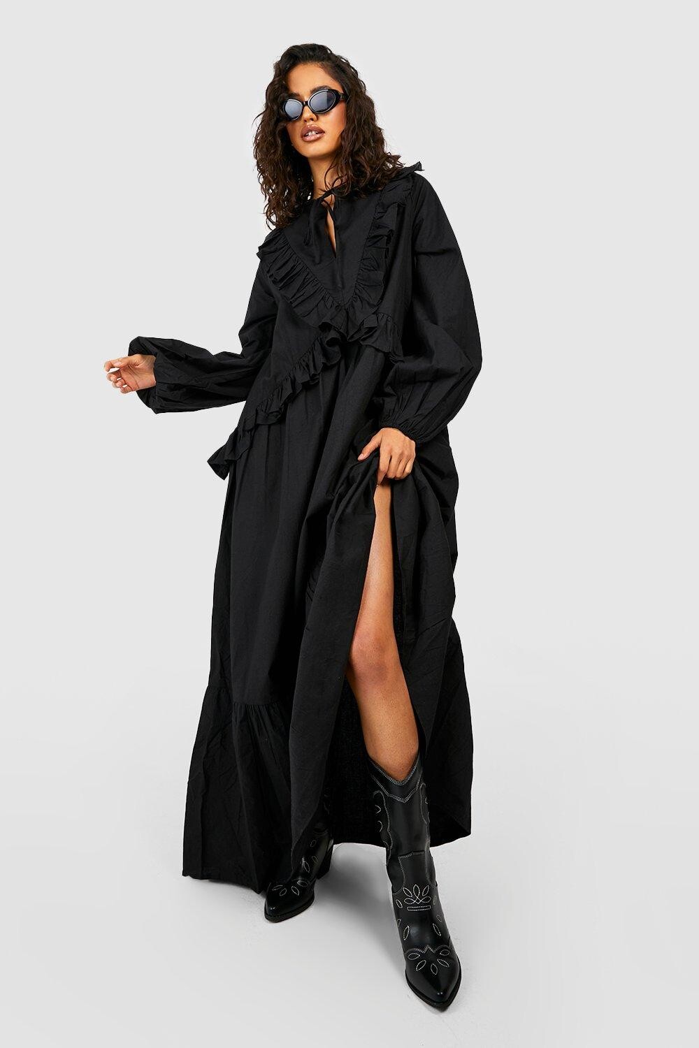 

Платье макси из хлопка с рюшами Boohoo, черный