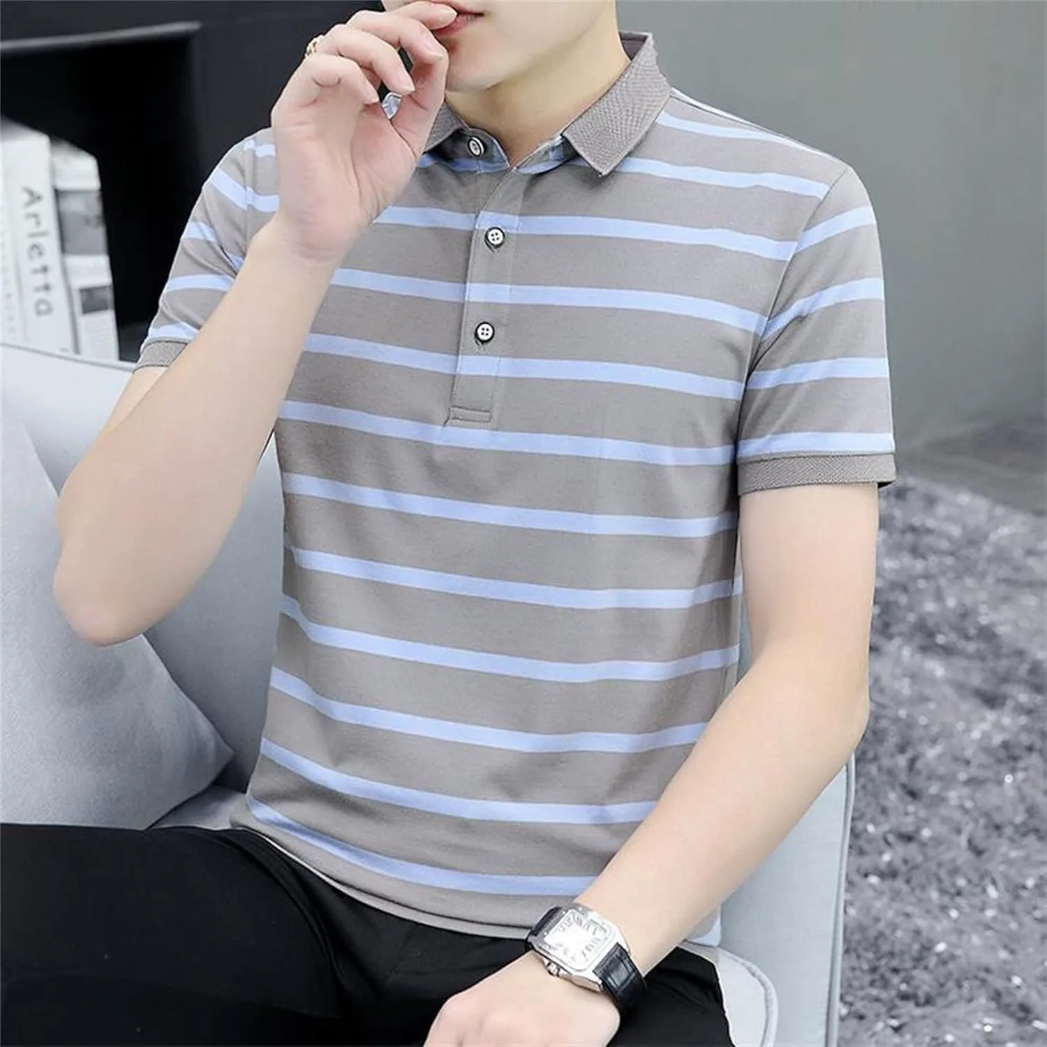 Мужская поло с коротким рукавом Stretch Striped для гольфа и тенниса — фото 3