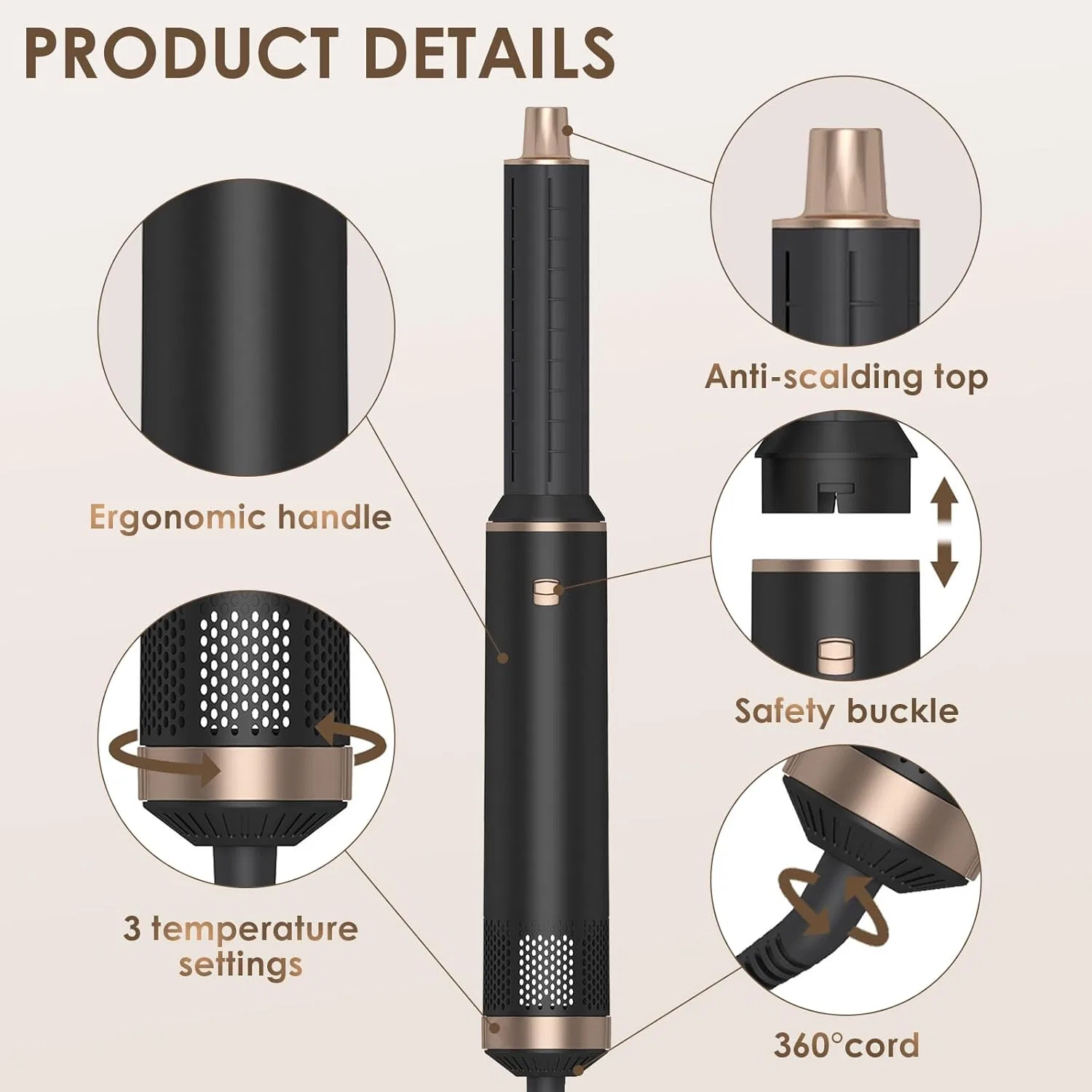 Набор для укладки волос 5-в-1 Airstyler с автоматической плойкой и феном Hyadiertech, Black — фото 3