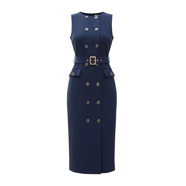 

Женское двубортное рабочее платье без рукавов с поясом и круглым вырезом Inspire Chic