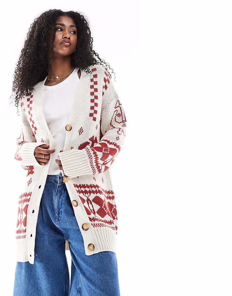 

Длинный вязаный кардиган ASOS DESIGN с V-образным вырезом и народным узором цвета ржавчины