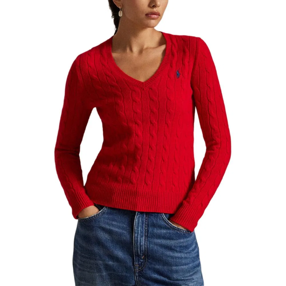 Свитер с вязаным узором "коса" и вышитым логотипом Polo Pony Polo Ralph Lauren, Autumn Red — фото 3