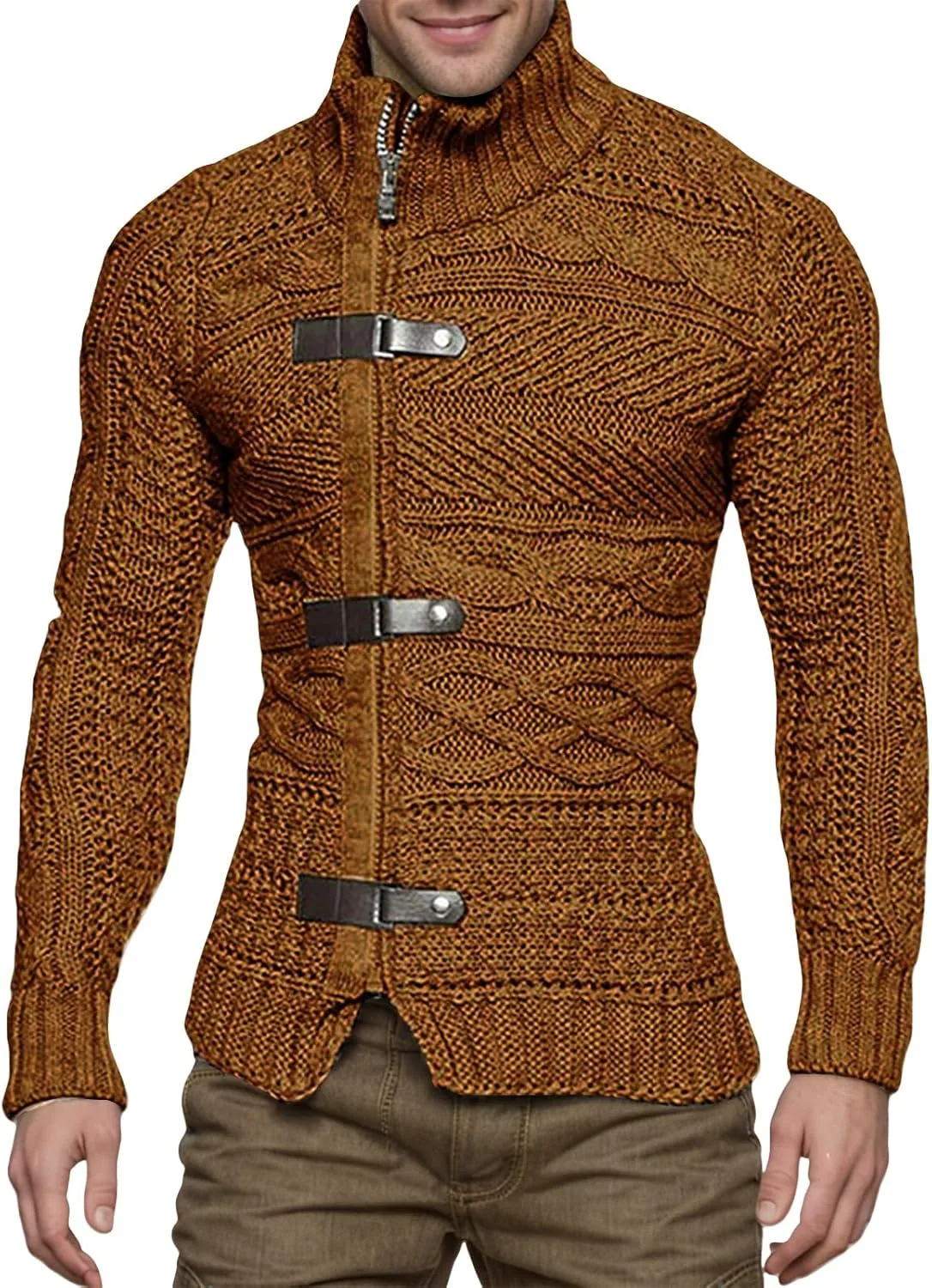 

Wankang мужской кардиган с кабельной вязкой, застежка на молнии и пуговицах, утепленный, приталенный, с воротником-стойкой и кожаной пряжкой