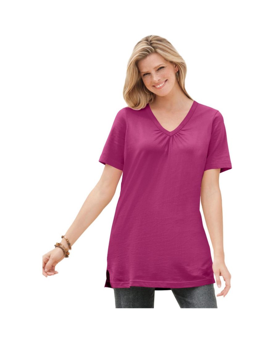 

Туника с короткими рукавами и V-образным вырезом от Plus Size Within Perfect Woman Within, Raspberry