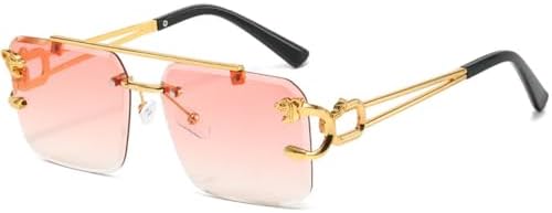 

Модные металлические солнцезащитные очки без оправы с леопардовым принтом для женщин и мужчин, солнцезащитные очки с двойным оправом, защита от УФ-излучения UV400 MTZJH, Gold Pink