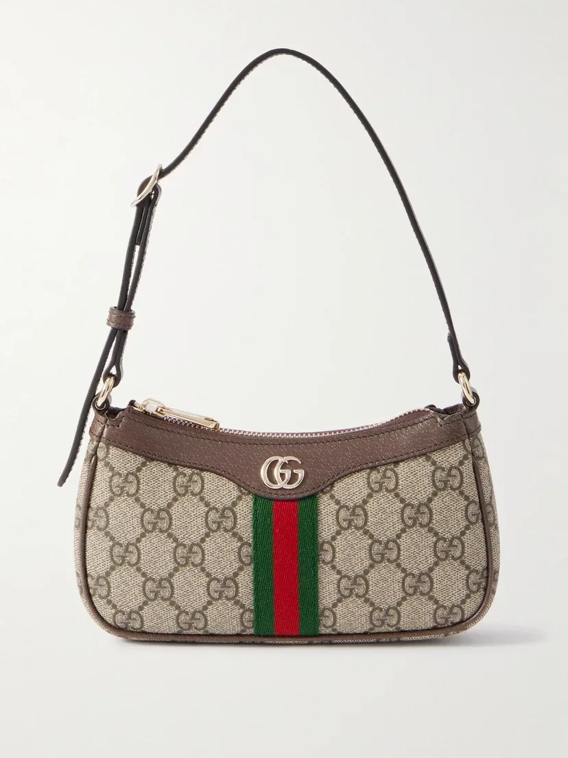 Миниатюрная сумка через плечо Ophidia из канваса с принтом, кожаной отделкой GUCCI, бежевый
