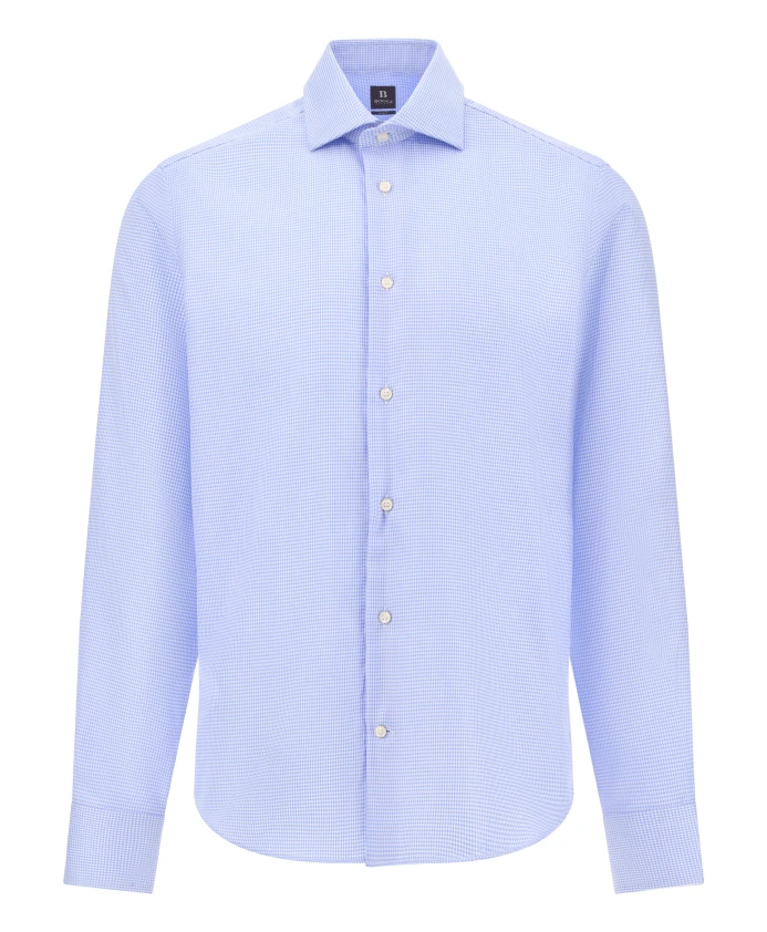 

Идеальная не требующая глажки хлопковая рубашка приталенного кроя в клетку «гусиная лапка». Boggi Milano, синий