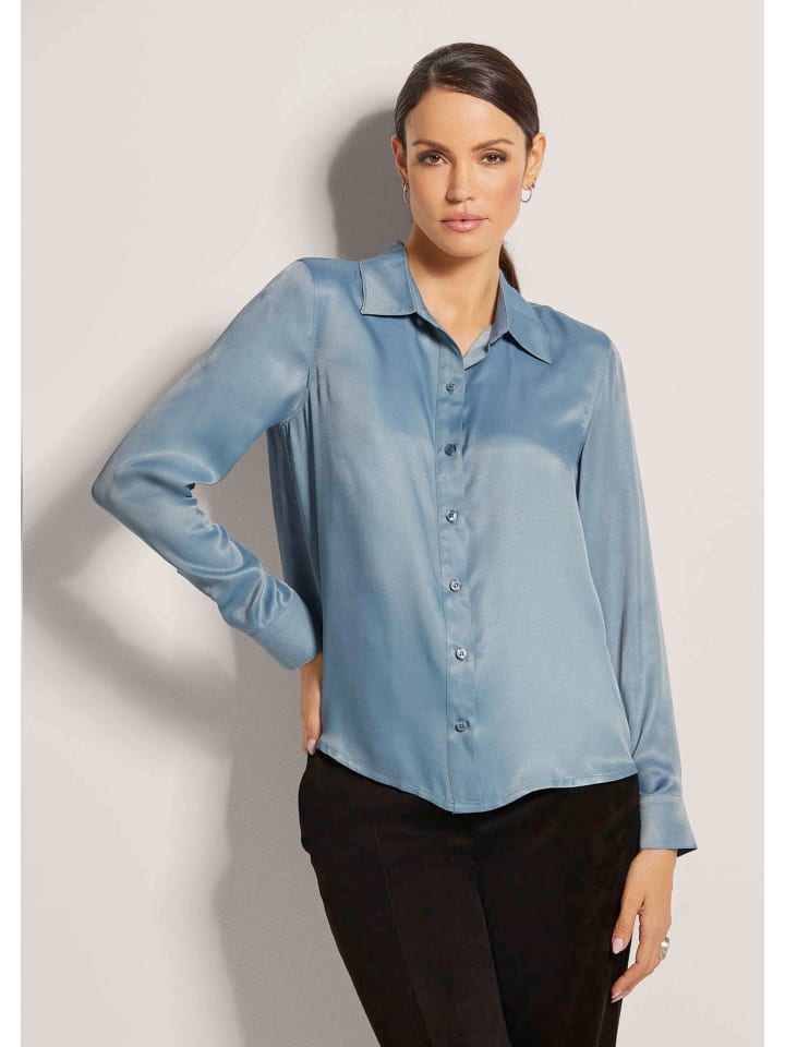 

MADELEINE Элегантная вискозная блузка с воротником-стойкой кристально-голубого цвета