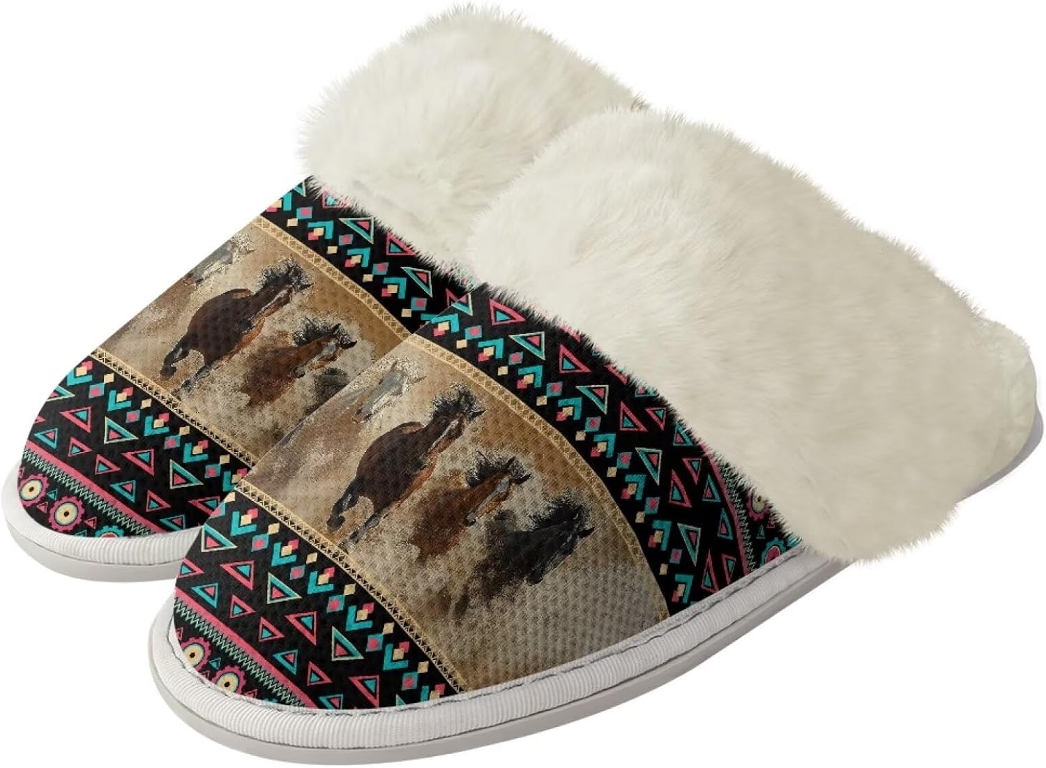

Тапочки Watdotory для женщин и мужчин, удобные, легкие, зимние, теплые домашние тапочки унисекс, с нескользящей плюшевой подошвой, для ванной, отеля и дома, с резиновой подошвой, Aztec Western Horse Print