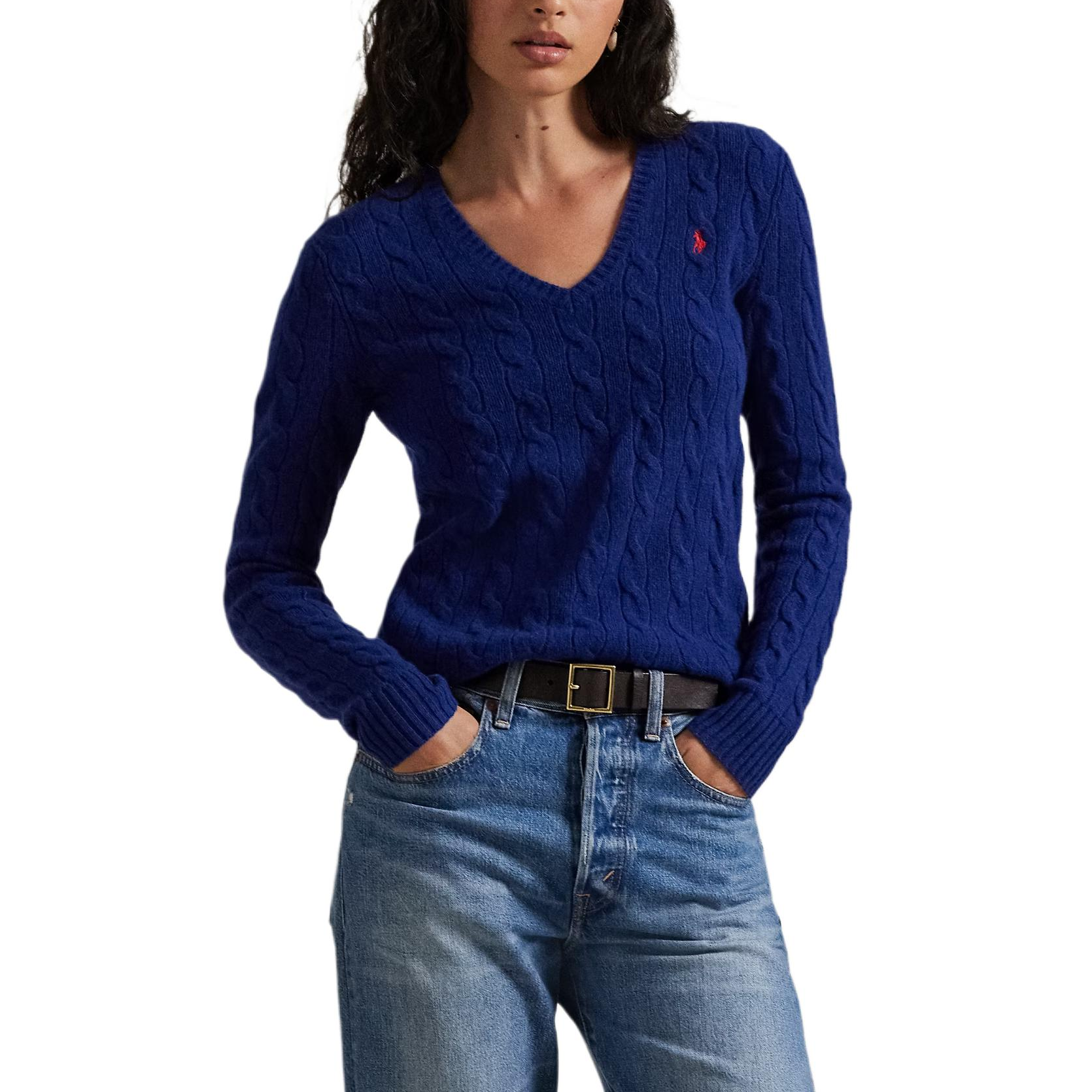 Свитер Kimberly с V-образным вырезом и узором "косичка" Polo Ralph Lauren, winter night marine синий — фото 2