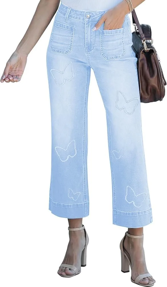 

Женские укороченные джинсы wide leg с бабочкой, эластичные, high waisted PaladMom