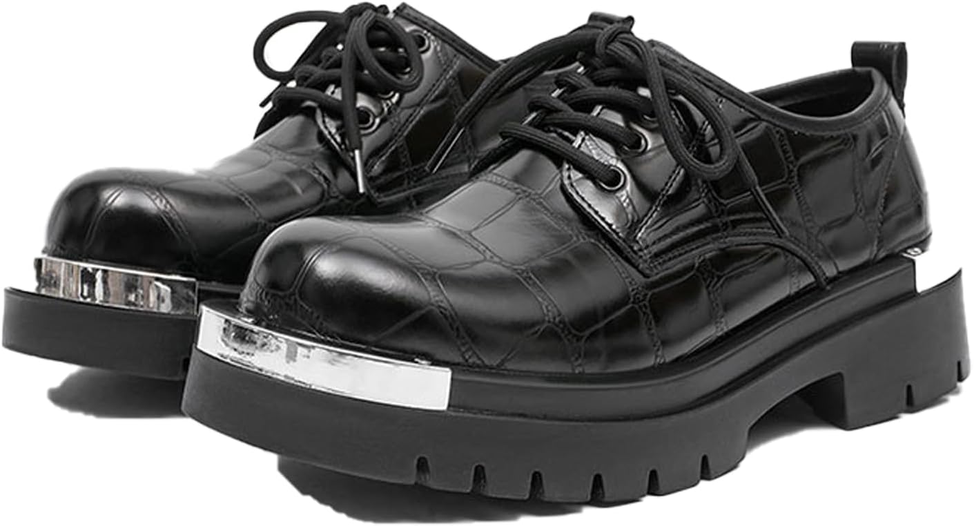 

Мужские кожаные туфли с шнуровкой на массивной платформе, дерби с металлическими элементами, круглый носок, броги, подходящие для работы и офиса Qklmwes, черный