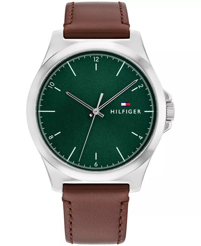 

Мужские кварцевые коричневые кожаные часы 43 мм Tommy Hilfiger, коричневый