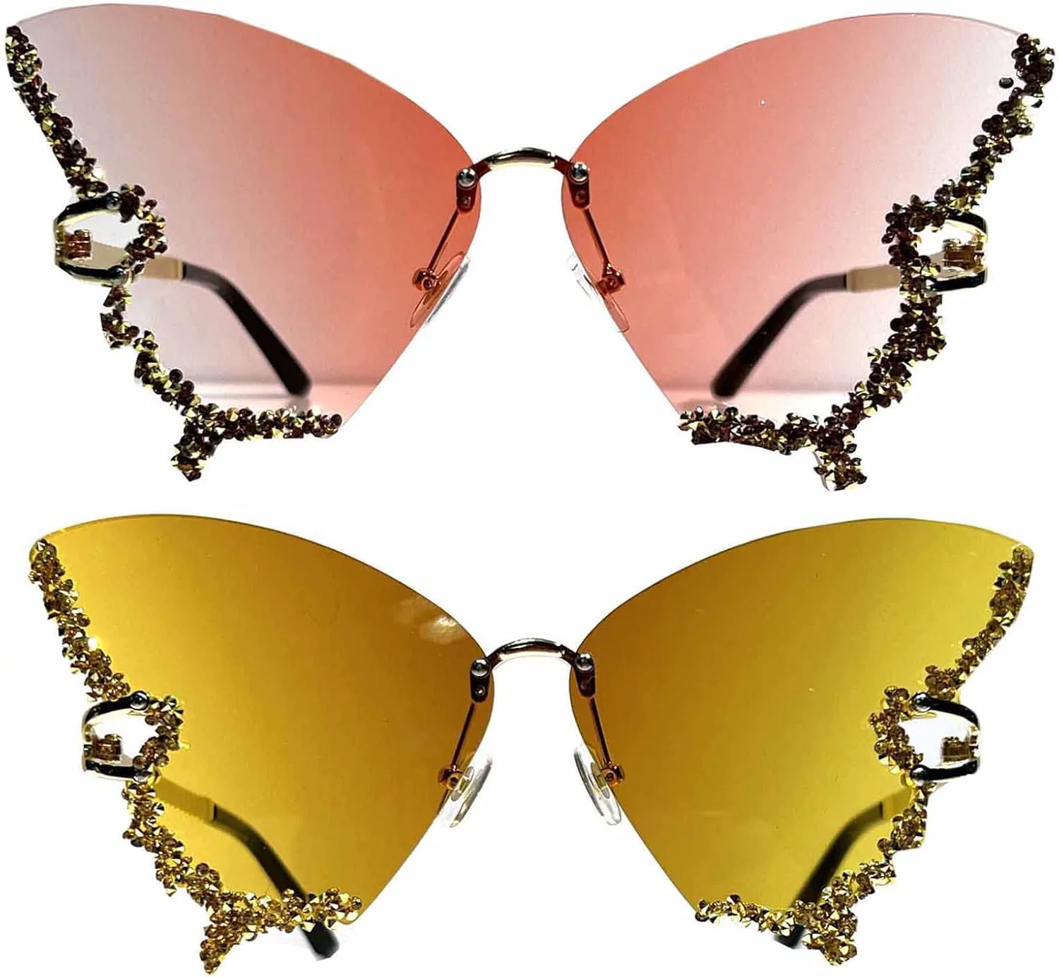 

Солнцезащитные очки Helena Butterfly без оправы со стразами, винтажная оправа, модные очки в форме «кошачий глаз» большого размера для женщин, Yellow+pink