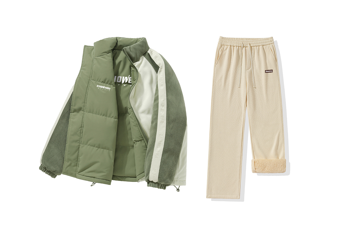 

KNOW EVERY Пуховик Unisex, Olive Green+Sherpa Waffle Knit Pants in Khaki