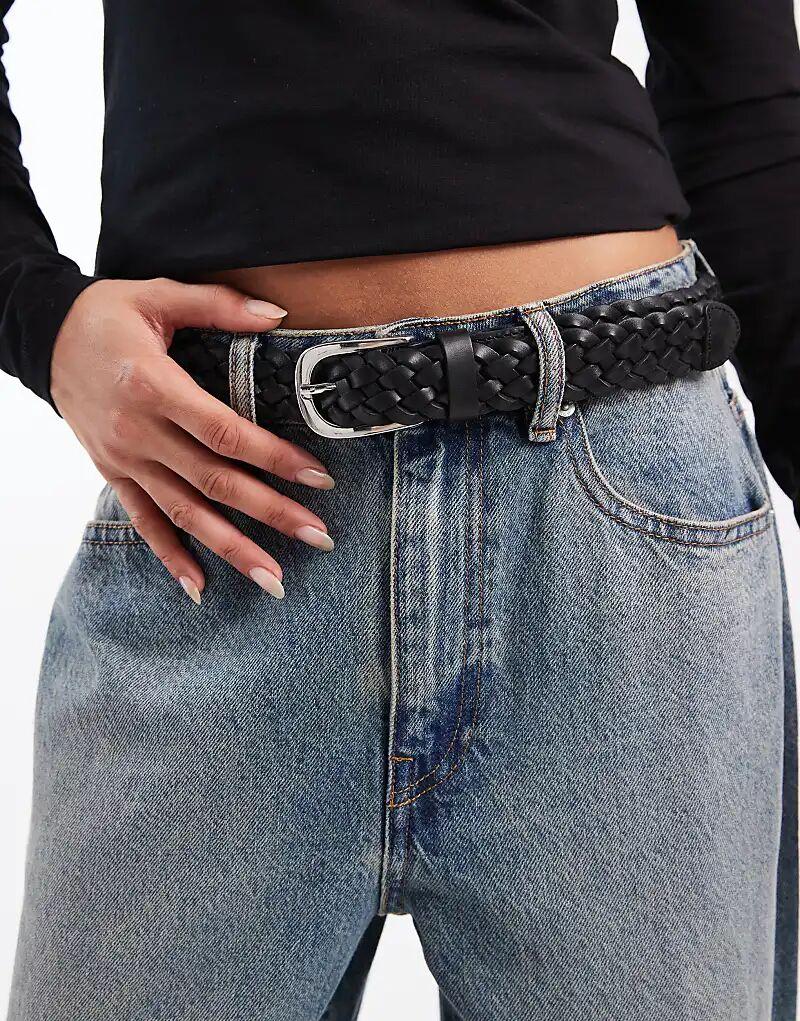 

Ремень Vero Moda из кожи с плетеными деталями и серебряной пряжкой черного цвета