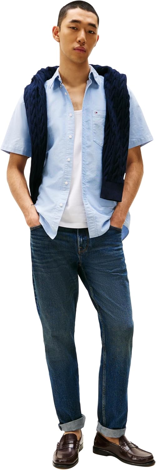 Рубашки оксфорды Tommy Hilfiger Men's с коротким рукавом, классический крой, мужские рубашки на пуговицах, Shirt Blue — фото 3