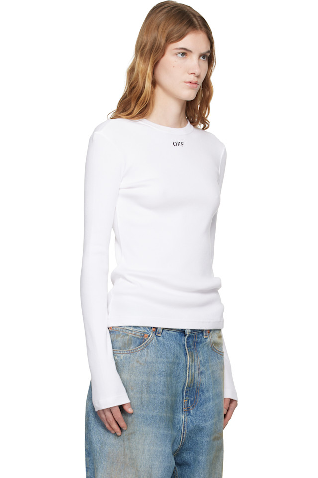 Off-White Белая футболка с длинными рукавами и ребристым верхом, с надписью «off» — фото 2