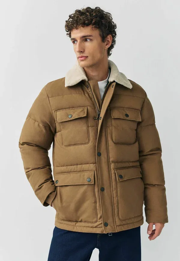 Куртка зимняя Next Regular fit worker puffer with borg collar, коричнево-бежевый