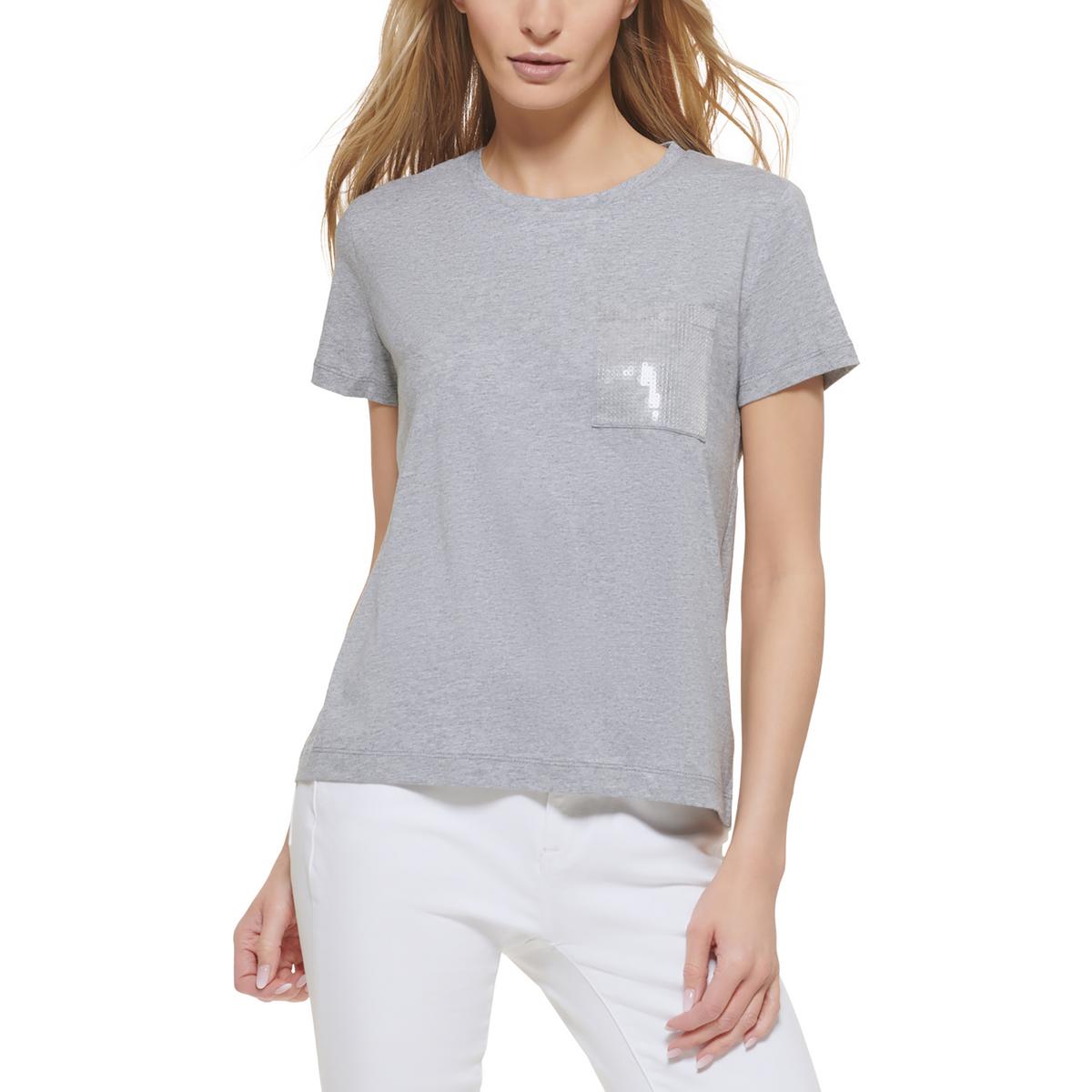 

Женская футболка с карманом и пайетками DKNY, цвет ice grey