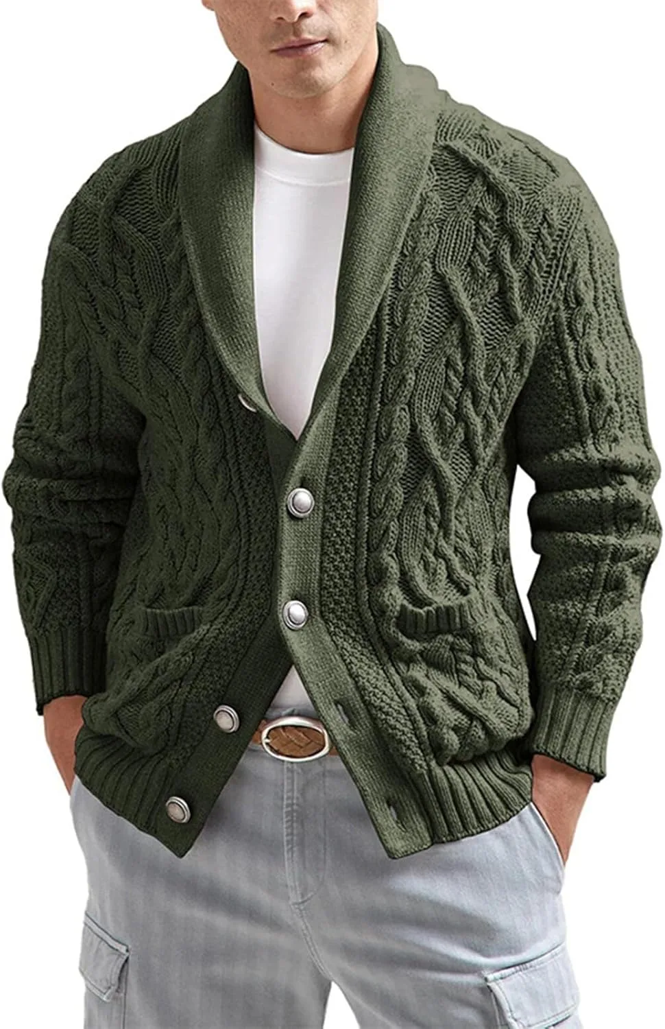 

Ymosrh мужской кардиган с кабельной вязкой, длинный рукав, шаль-воротник, пуговицы, зимний объемный свитер, M-2XL